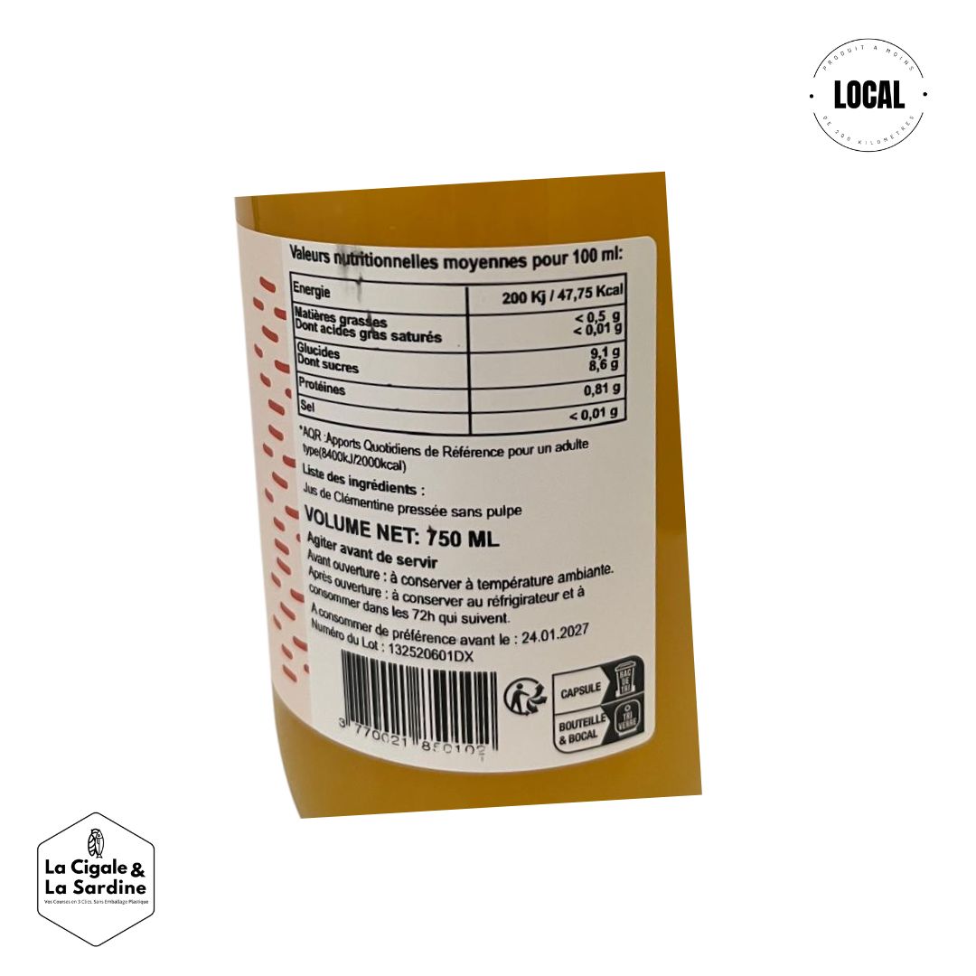 Jus de Clémentines Pressées - 100% Pur Jus - Anti Gaspi et Solidaire | 75cl
