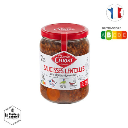 Saucisses Lentilles aux petits oignons et carottes | Pur Porc Français - 820g